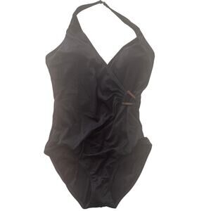 Lands' End One-Piece Black Deep V Neck Rauched Side w/Detail Size 16 Swimsuit